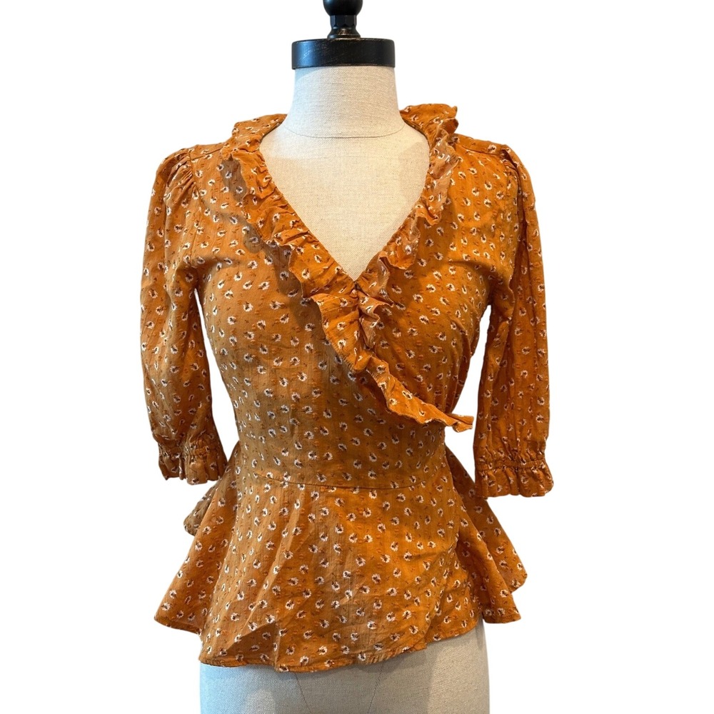 LOFT Petites Ochre Floral Clip Dot Ruffle Wrap Peplum Top XSP Cotton 3/4‎ Sleeve